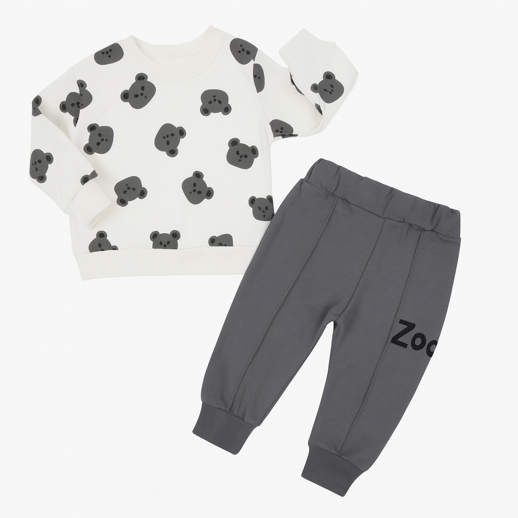 Bear Print Sweatshirt Pant Set Grey