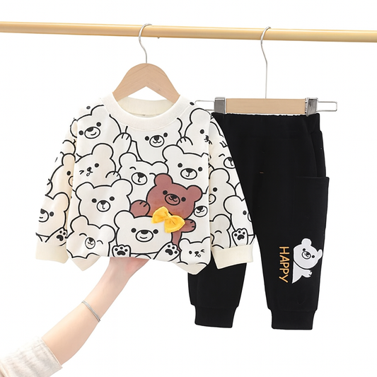 Bubito Happy Bear Visual Bow Tie Combed Cotton 2-Piece Top and Bottom Set
