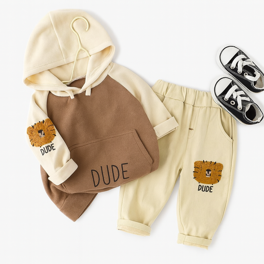 Dude Patterned Hooded Baby Top and Bottom Set