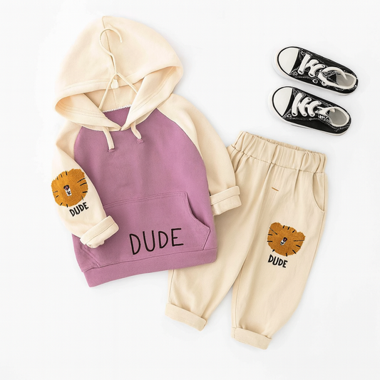 Dude Patterned Hooded Baby Top and Bottom Set