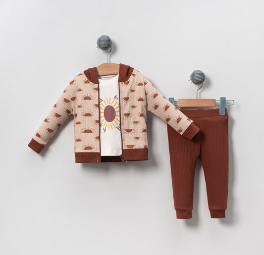 Sun Patterned Cotton Baby 3-Piece Top and Bottom Set