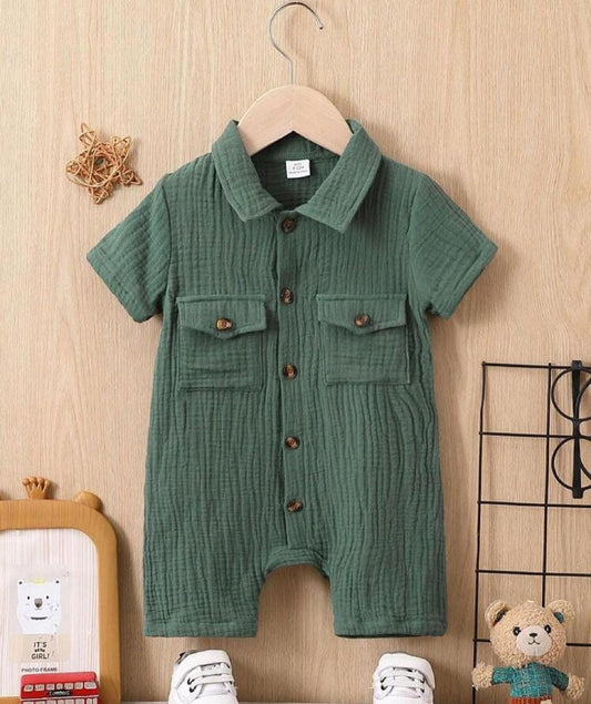 Unisex Baby & Kids 100% Cotton Wooden Button Pocket Muslin Jumpsuit