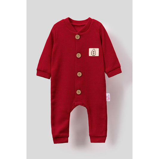 Unisex Wooden Button Visual Hat Waffle Stylish Baby Jumpsuit