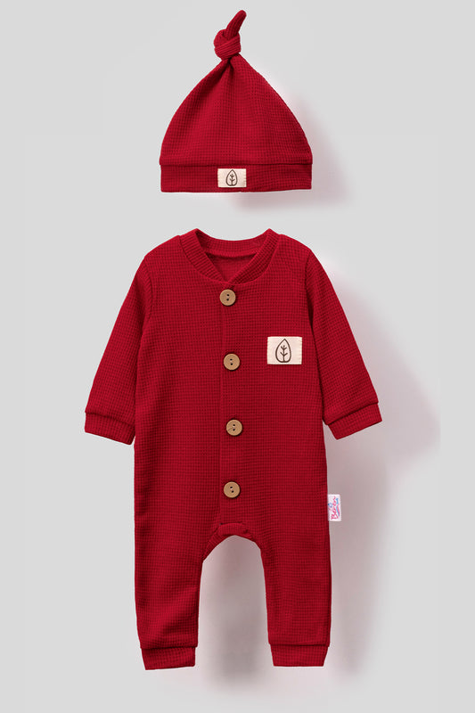 Unisex Wooden Button Visual Hat Waffle Stylish Baby Jumpsuit