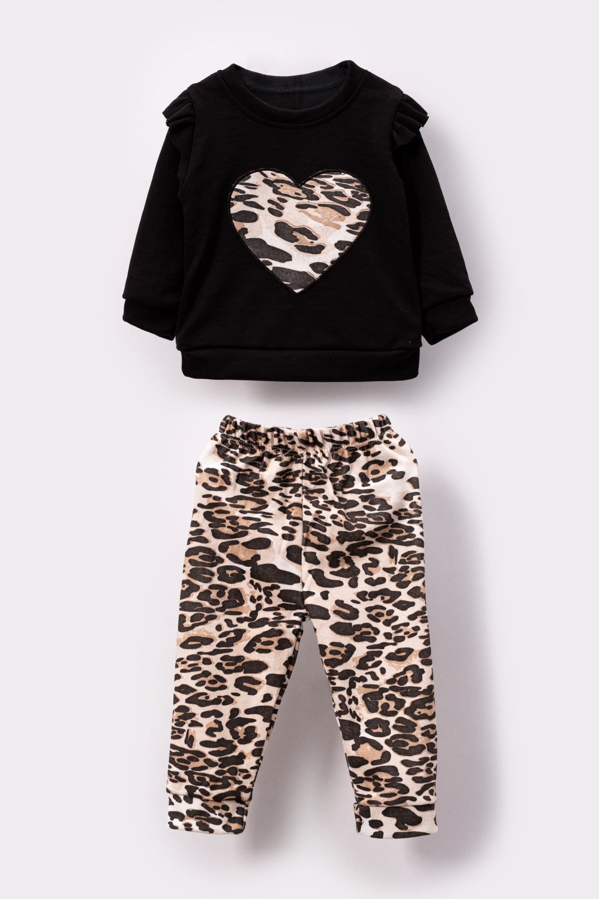 Leopard Print Heart Detailed Baby Kids Top and Bottom 2-Piece Set