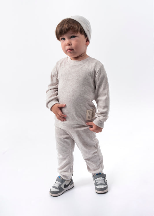 Unisex Coat of Arms Detailed Waffle 3-Piece Top and Bottom Set Set