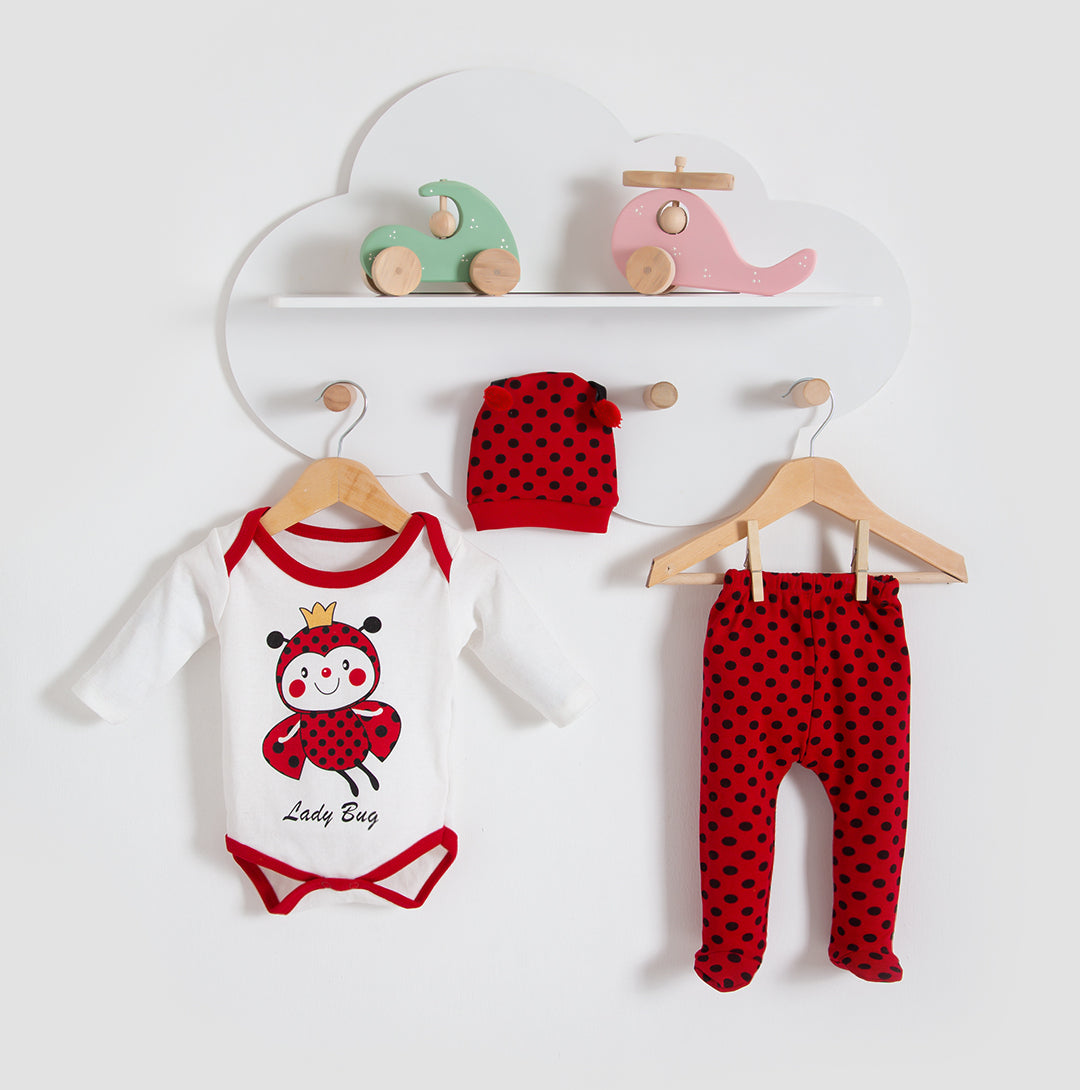 Ladybug Patterned Baby Set with Hat Red