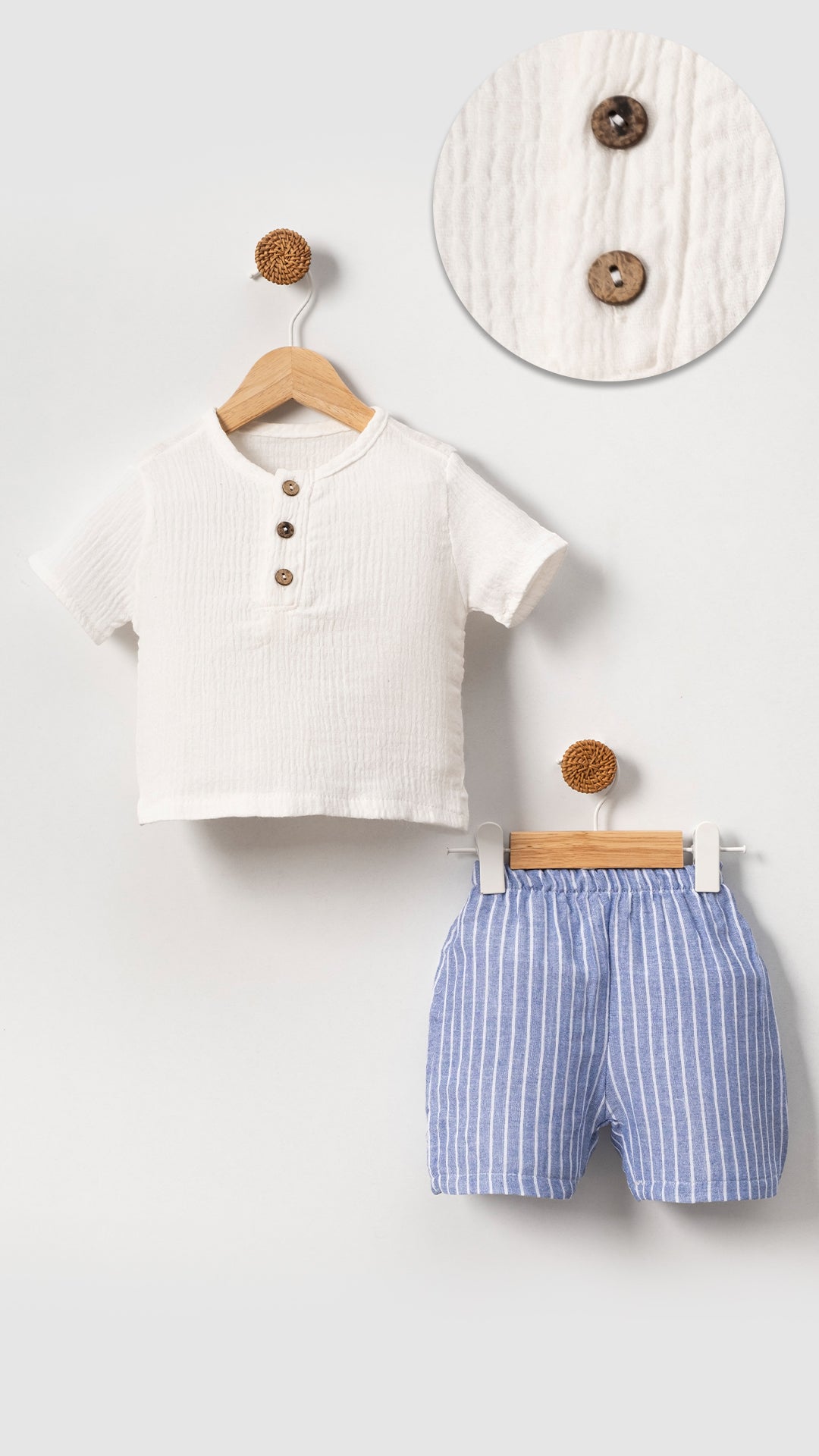 Unisex Baby & Kids 100% Cotton Striped Buttoned Muslin Shorts Set