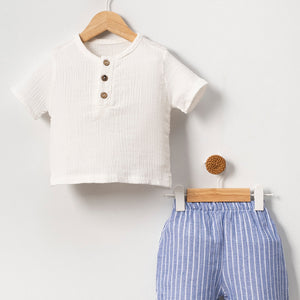 Unisex Baby & Kids 100% Cotton Striped Buttoned Muslin Shorts Set