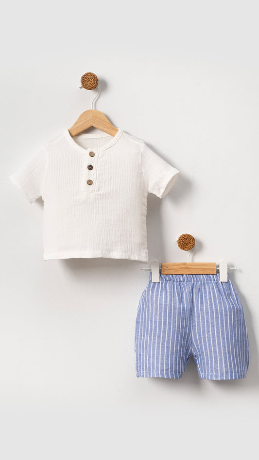 Unisex Baby & Kids 100% Cotton Striped Buttoned Muslin Shorts Set
