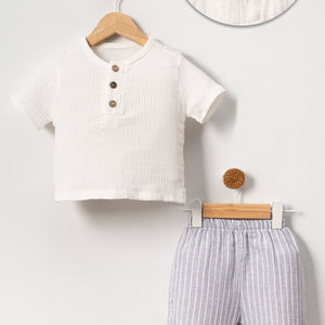 Unisex Baby & Kids 100% Cotton Striped Buttoned Muslin Shorts Set