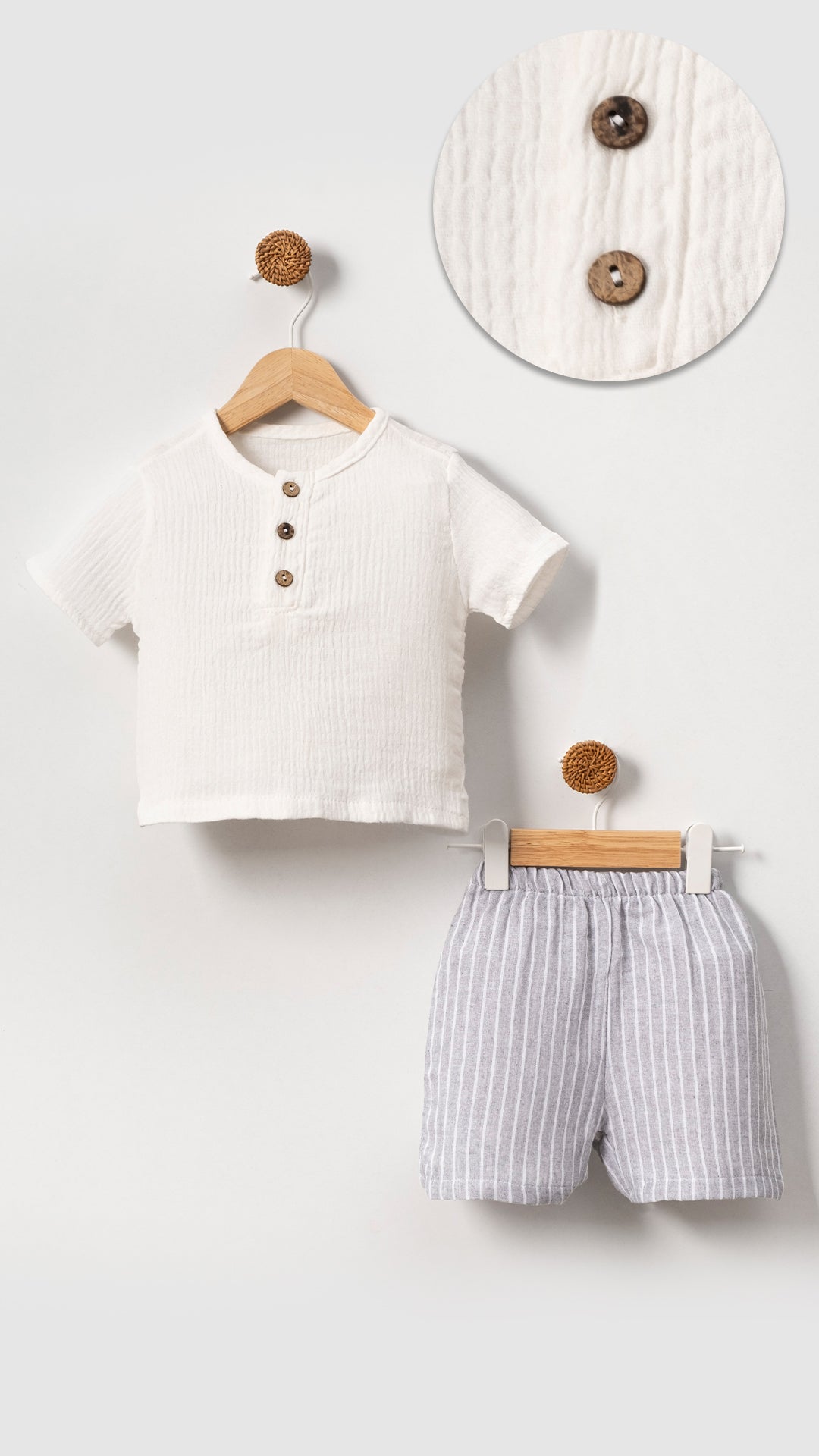 Unisex Baby & Kids 100% Cotton Striped Buttoned Muslin Shorts Set