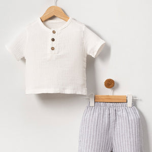 Unisex Baby & Kids 100% Cotton Striped Buttoned Muslin Shorts Set