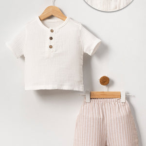 Unisex Baby & Kids 100% Cotton Striped Buttoned Muslin Shorts Set