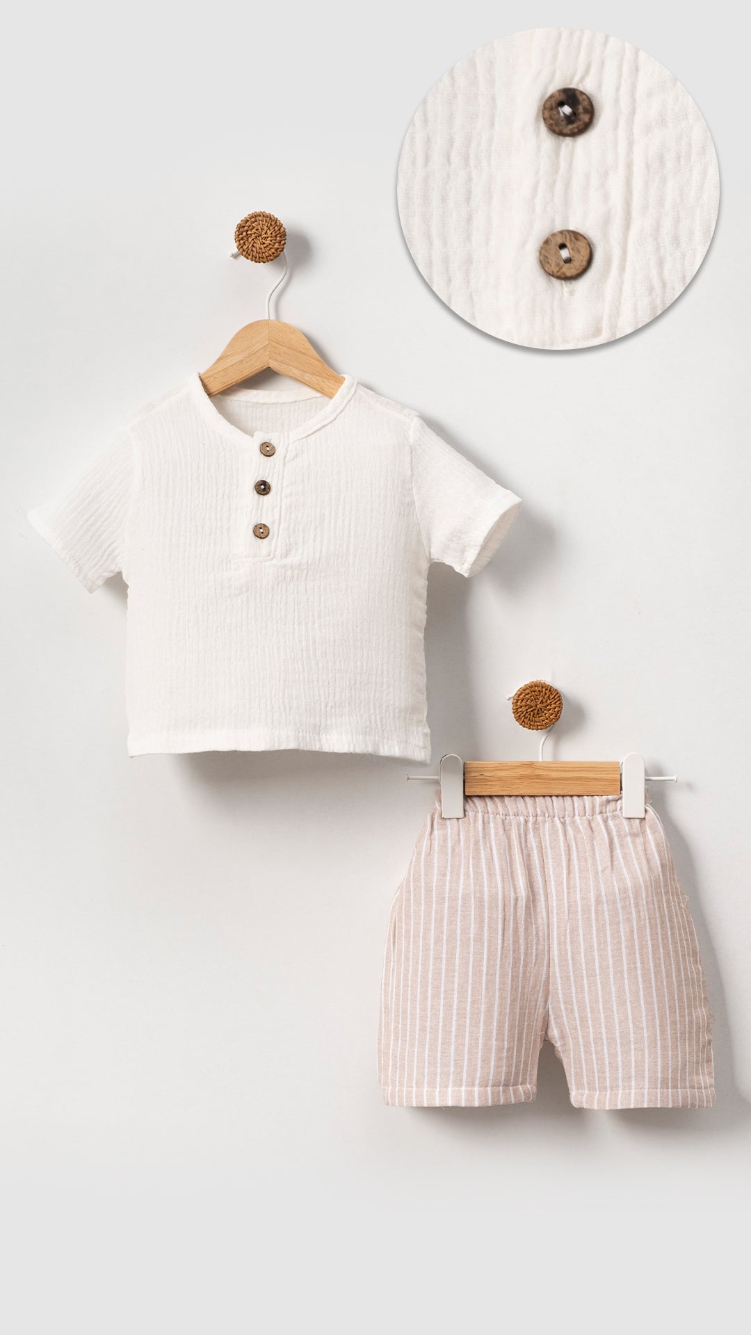 Unisex Baby & Kids 100% Cotton Striped Buttoned Muslin Shorts Set
