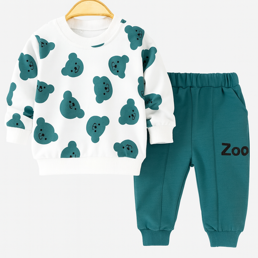 Bear Print Sweatshirt Pant Set Green
