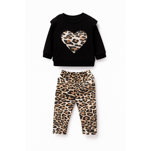 Leopard Print Heart Detailed Baby Kids Top and Bottom 2-Piece Set