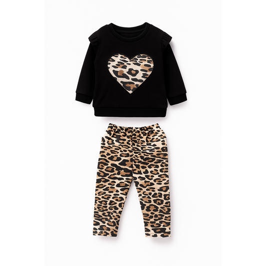 Leopard Print Heart Detailed Baby Kids Top and Bottom 2-Piece Set