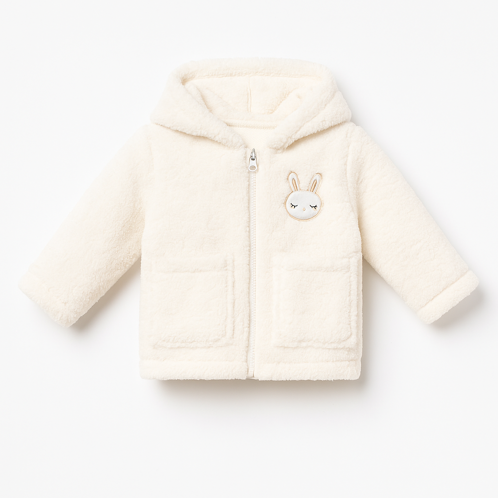 Rabbit Embroidery Zippered Baby Girl Plush Welsoft Winter Cardigan