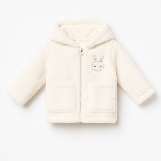 Rabbit Embroidery Zippered Baby Girl Plush Welsoft Winter Cardigan