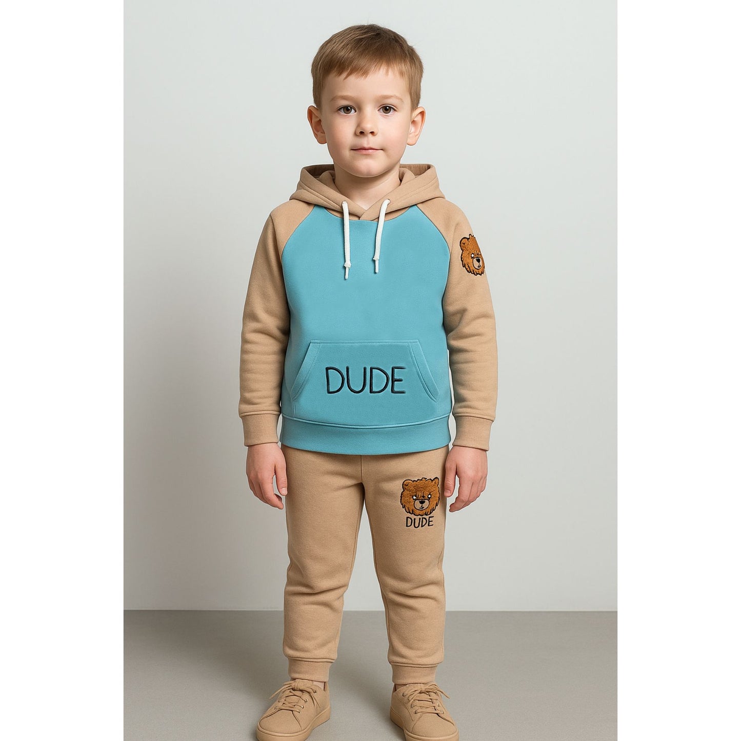 Dude Patterned Hooded Baby Top and Bottom Set
