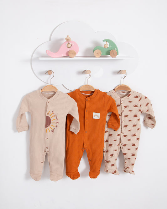 Sun Patterned Combed Baby 3-Piece Jumpsuit Set