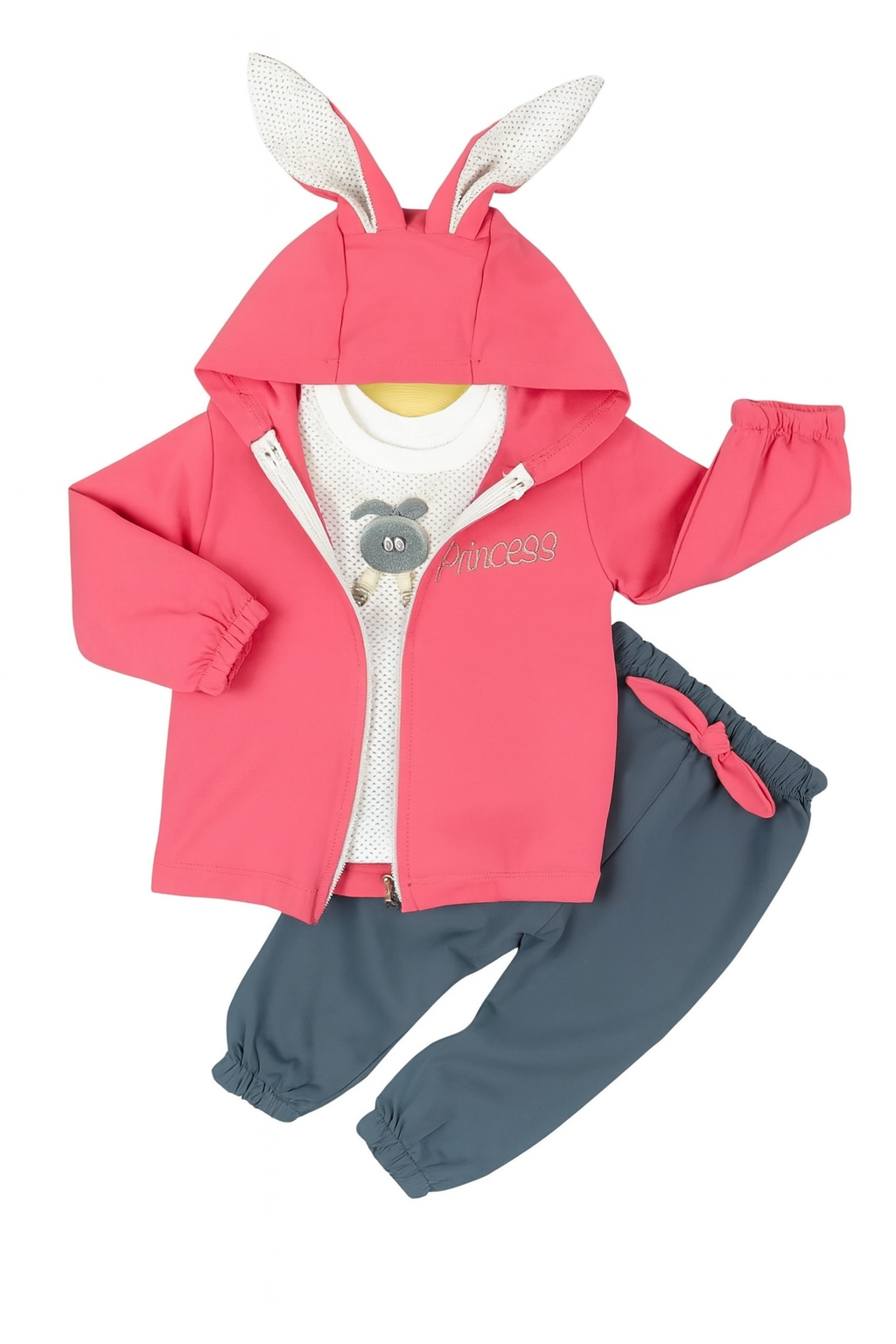 Children's outfit with pink hoodie, blue pants, and bunny ears on a white background