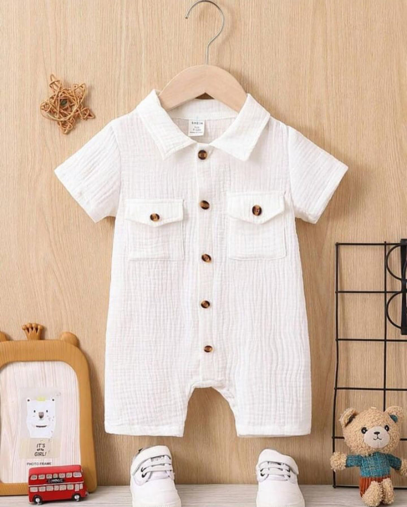Unisex Baby & Kids 100% Cotton Wooden Button Pocket Muslin Jumpsuit
