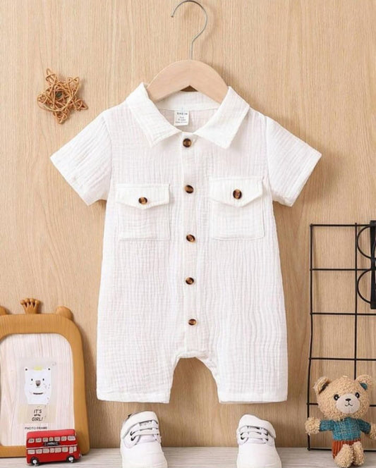 Unisex Baby & Kids 100% Cotton Wooden Button Pocket Muslin Jumpsuit