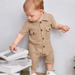 Unisex Baby & Kids 100% Cotton Wooden Button Pocket Muslin Jumpsuit