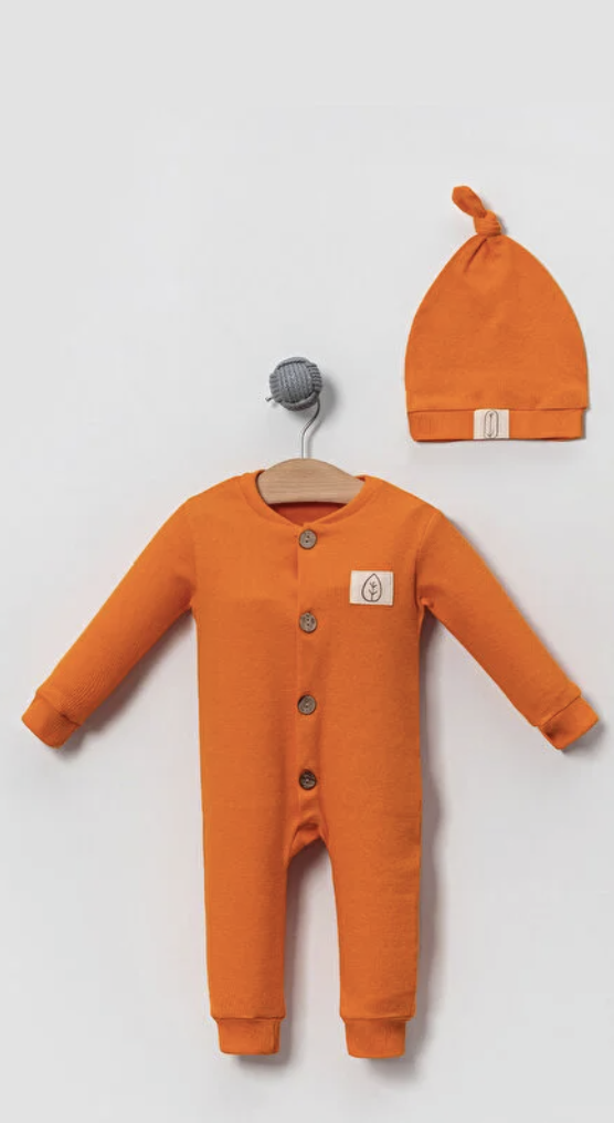 Unisex Wooden Button Visual Hat Waffle Stylish Baby Jumpsuit