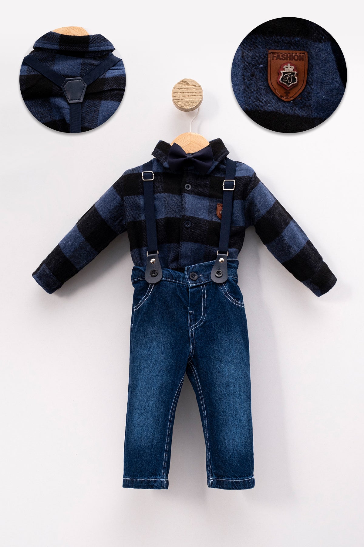 Bow Tie Plaid Stylish Baby Top and Bottom Set