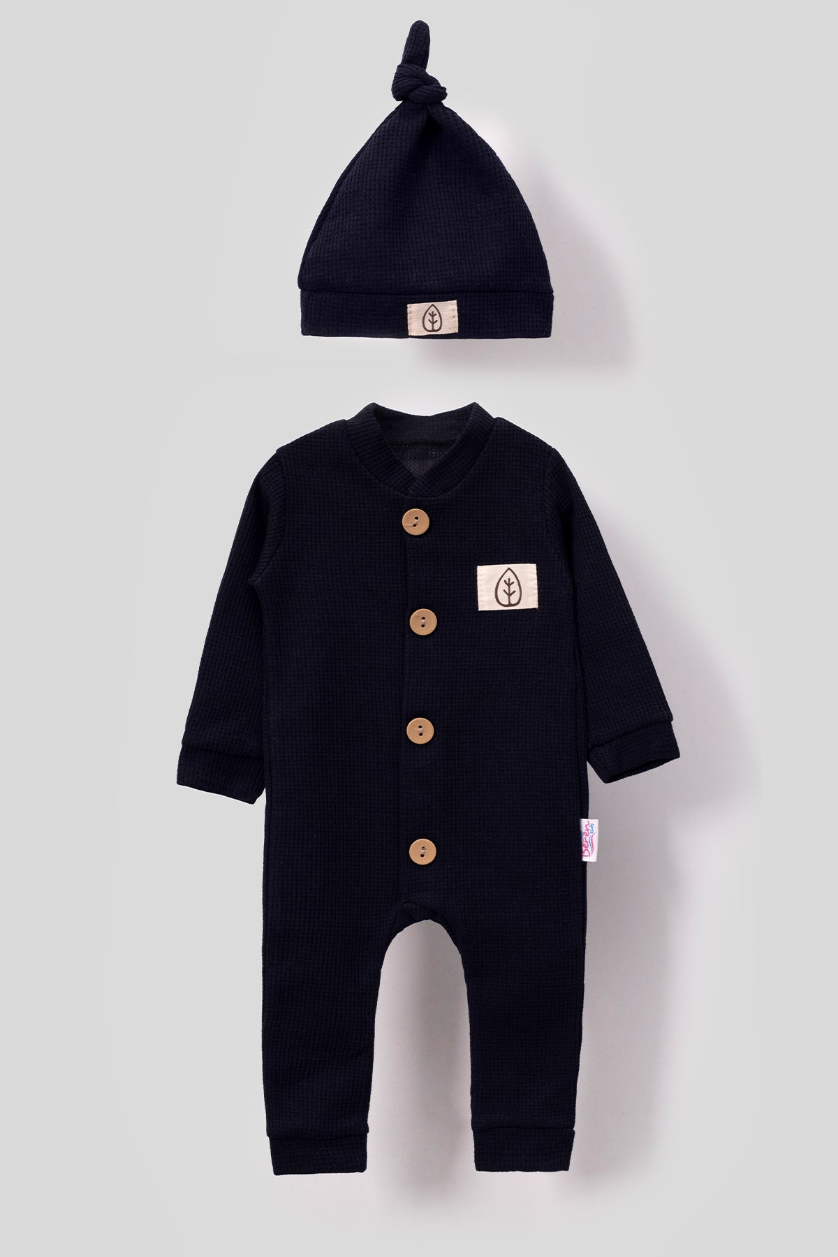 Unisex Wooden Button Visual Hat Waffle Stylish Baby Jumpsuit