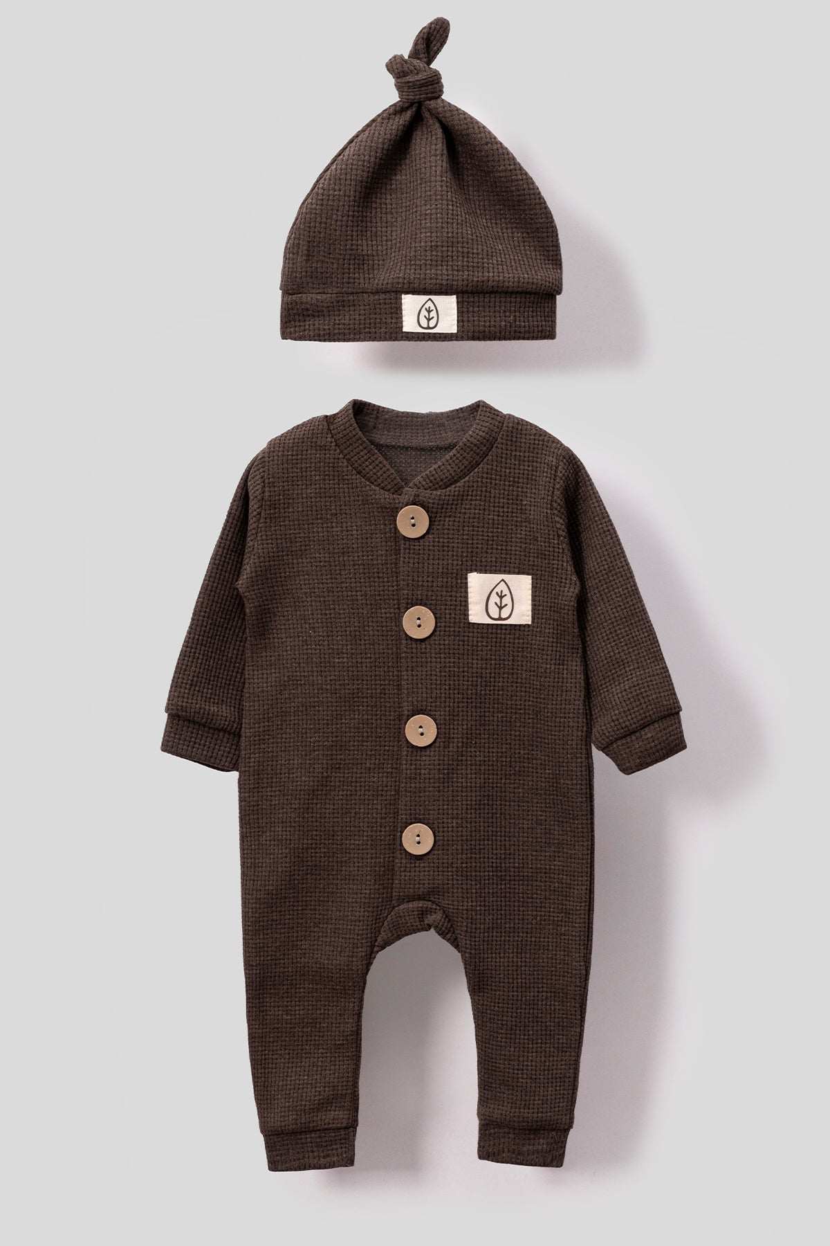 Unisex Wooden Button Visual Hat Waffle Stylish Baby Jumpsuit