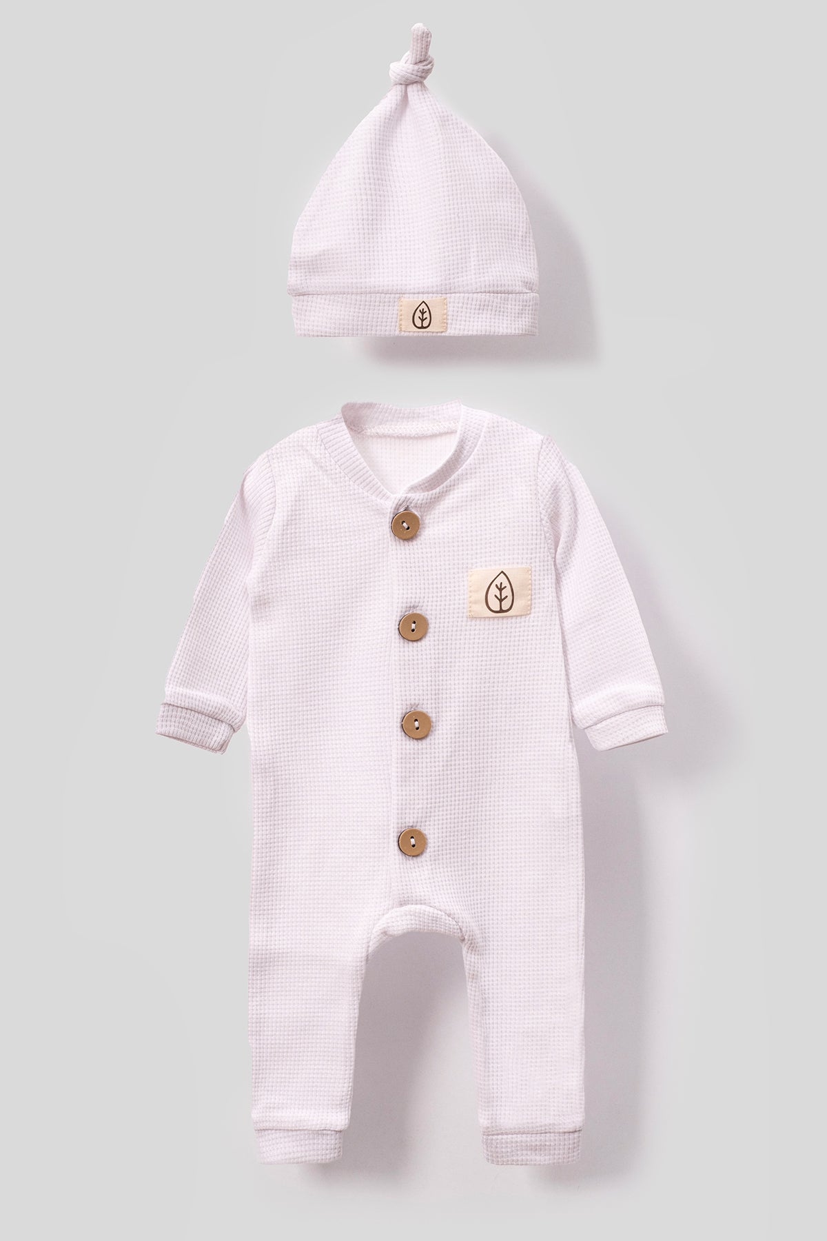 Unisex Wooden Button Visual Hat Waffle Stylish Baby Jumpsuit
