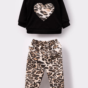 Leopard Print Heart Detailed Baby Kids Top and Bottom 2-Piece Set