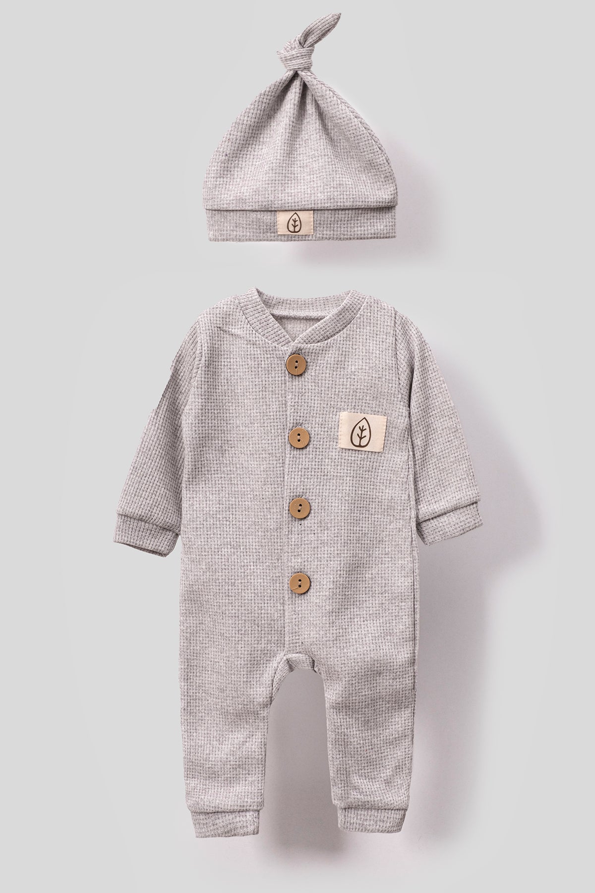 Unisex Wooden Button Visual Hat Waffle Stylish Baby Jumpsuit