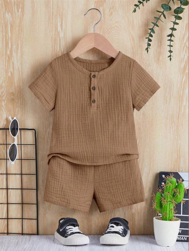 Unisex Baby & Kids 100% Cotton Buttoned Muslin Top and Shorts Set